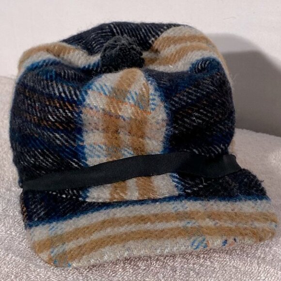 Vintage Blue White Mustard Wool Plaid Trapper Style Hat - Picture 2 of 7